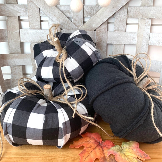 3 PC Rustic Black &White Check Fabric Pumpkin Set